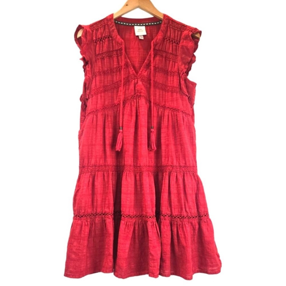 Knox Rose Boho tiered ruffle red mini dress sleeveless V-neck tassels XXL